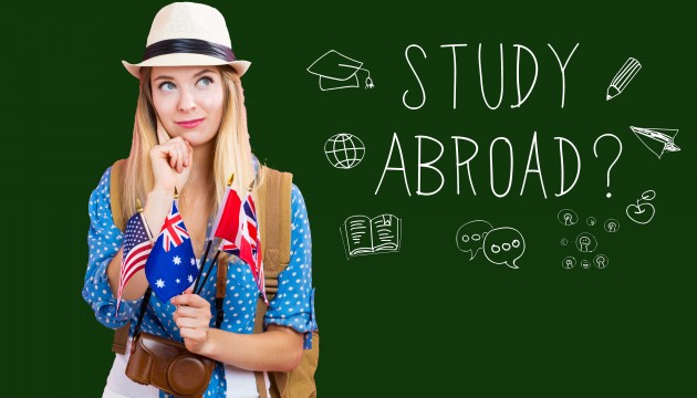 Study Abroad text with young woman with flags